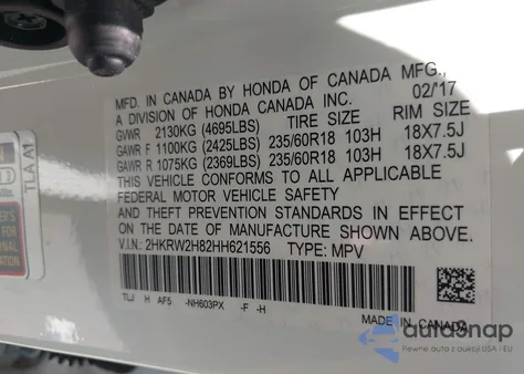 2017 Honda Cr-V Ex-L/Ex-L Navi from USA, damaged, VIN 2HKRW2H82HH621556